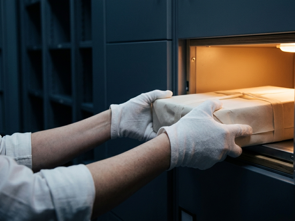 White-gloved hands carefully placing a wrapped object into a lit storage cell