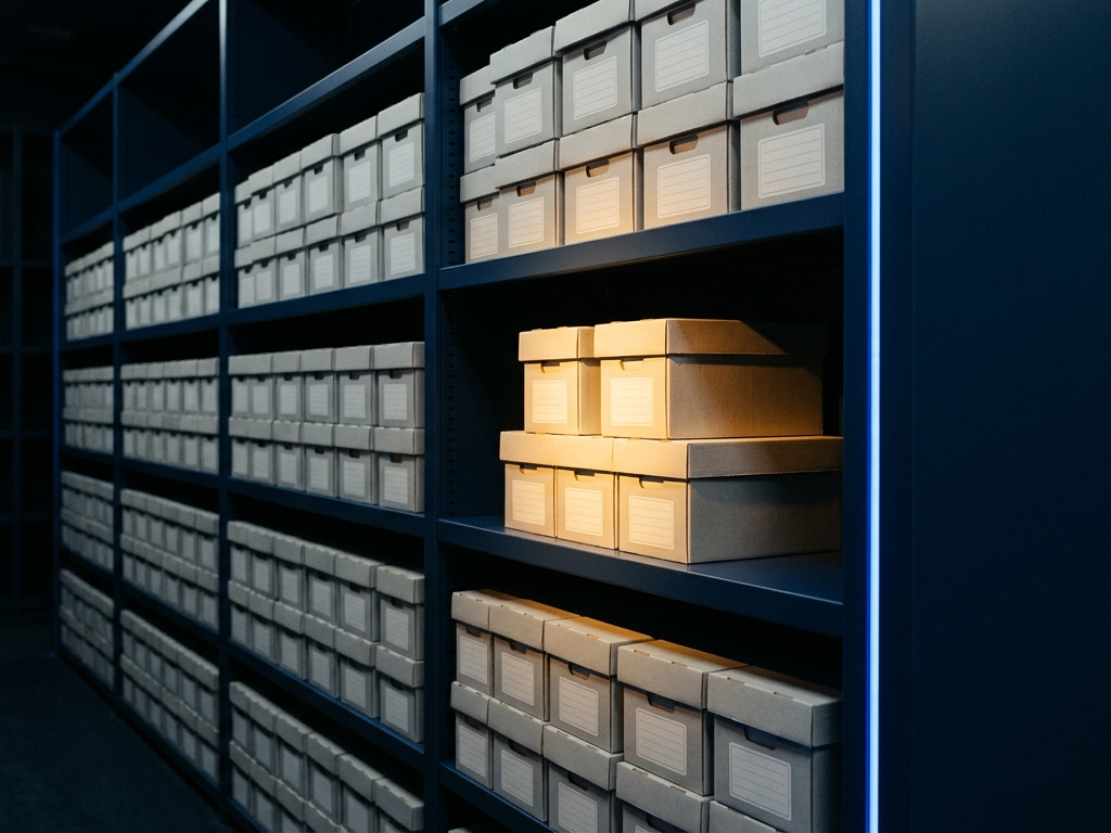 Rows of uniform archival document boxes on clean shelving