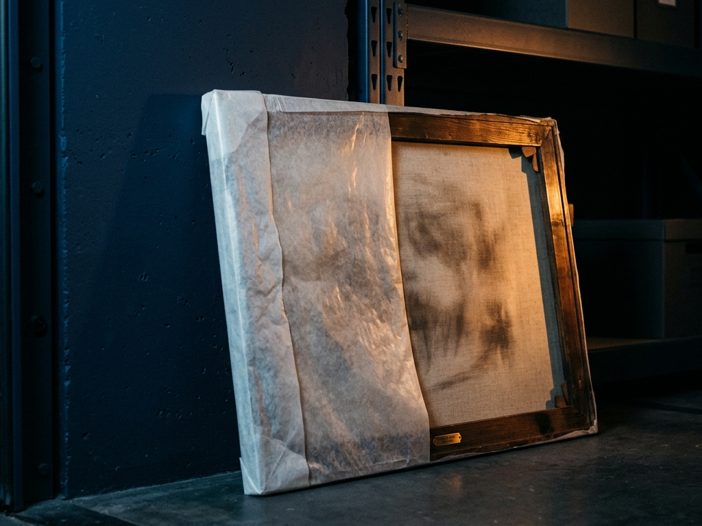 A framed canvas wrapped in archival glassine leaning in a lit vault cell