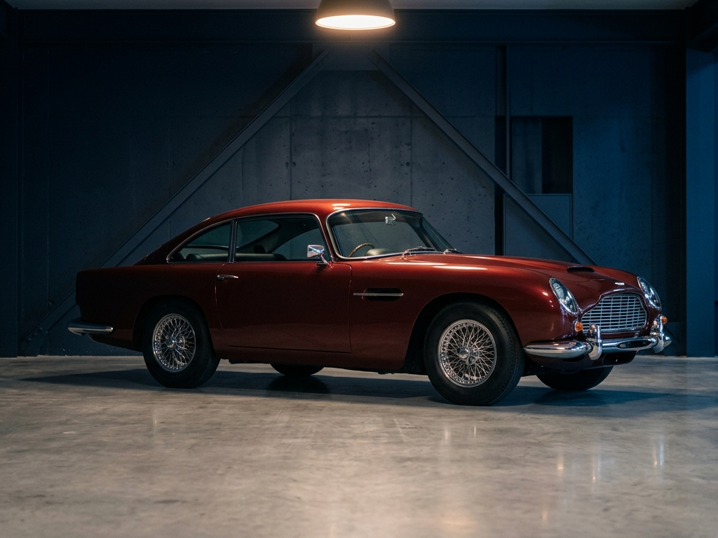 A classic collector car in a clean, warmly lit indoor storage bay