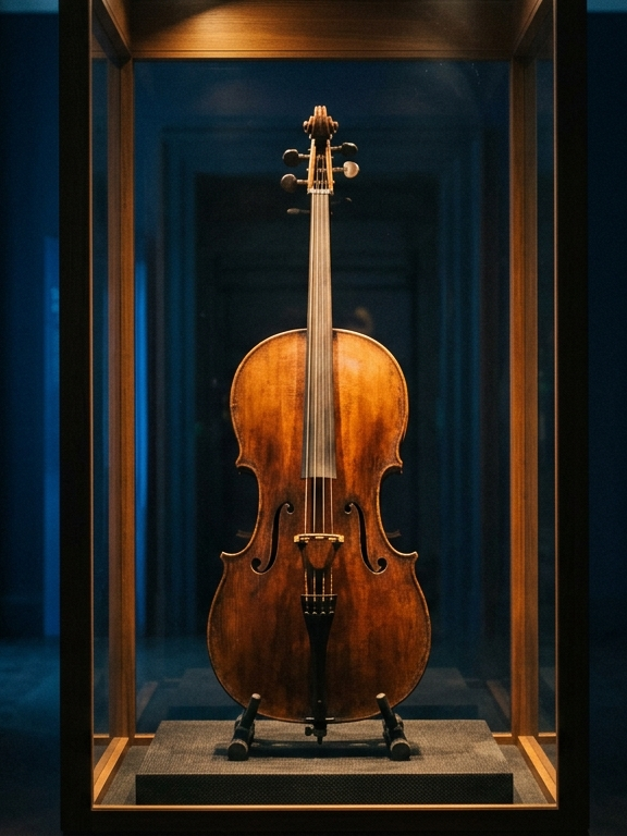 A cello resting upright in a softly lit museum display case