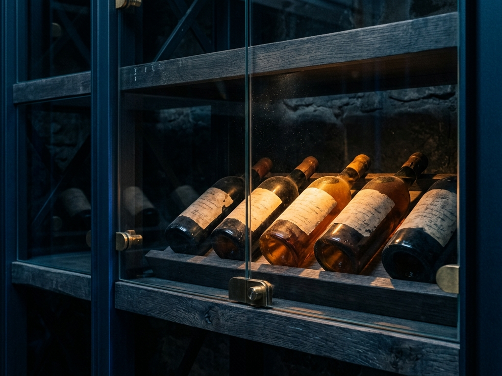 Fine wine bottles resting behind museum glass under a warm key light